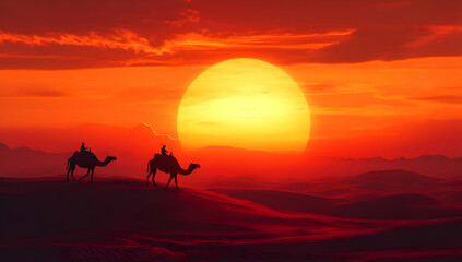 Two camels traverse a stunning desert landscape under a vibrant sunset, capturing the essence of serenity and adventure.