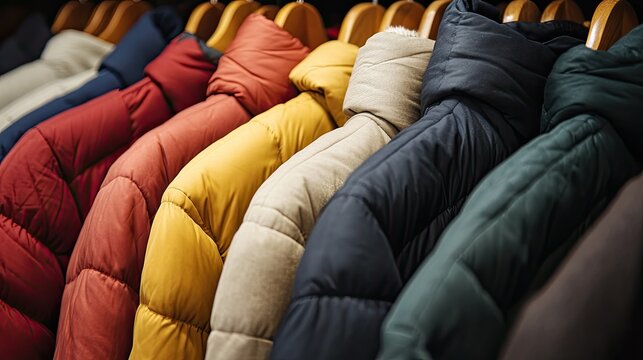 A close-up of a selection of winter coats in various colors, hanging on a row of wooden hangers