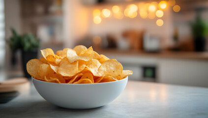 A close-up of a white bowl filled with crispy potato chips, perfect for snacking in a cozy kitchen atmosphere.