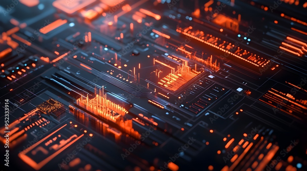 Wall mural vibrant techno circuit board with glowing microchips and data flows