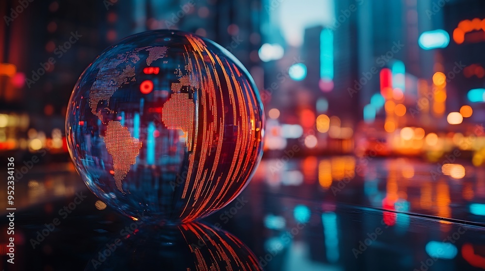 Poster Reflection of financial numbers and graph on glass globe : Generative AI