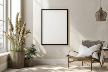 A serene interior space featuring a blank frame, plants, and natural light.