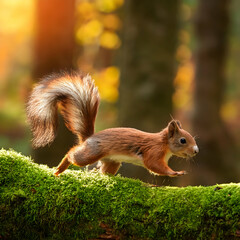  squirrel running on a moss-covered branch, surrounded by an autumn forest bathed in soft sunlight. The scene captures the peacefulness and natural beauty of the forest © ameena