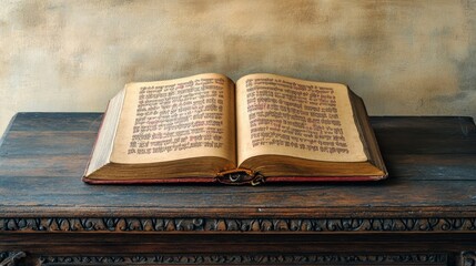 Fototapeta premium Jain prayer book open on a simple wooden altar, no people, clear background, ample copy space