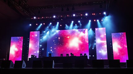 A concert stage with a large backdrop screen displaying vivid graphics, surrounded by professional stage lighting.