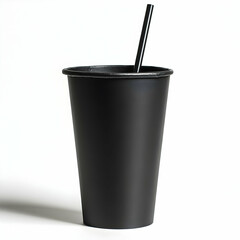 A sleek black cup with a straw, perfect for beverages or smoothies. Ideal for modern dining settings and stylish themes.