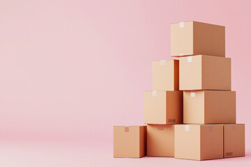 Obraz premium Move house. Stack of cardboard boxes on pink background.