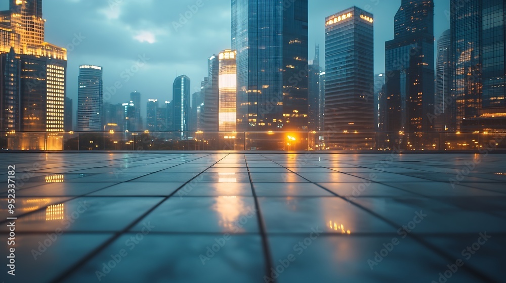 Poster empty square floors and modern city buildings at dusk in shanghai : generative ai