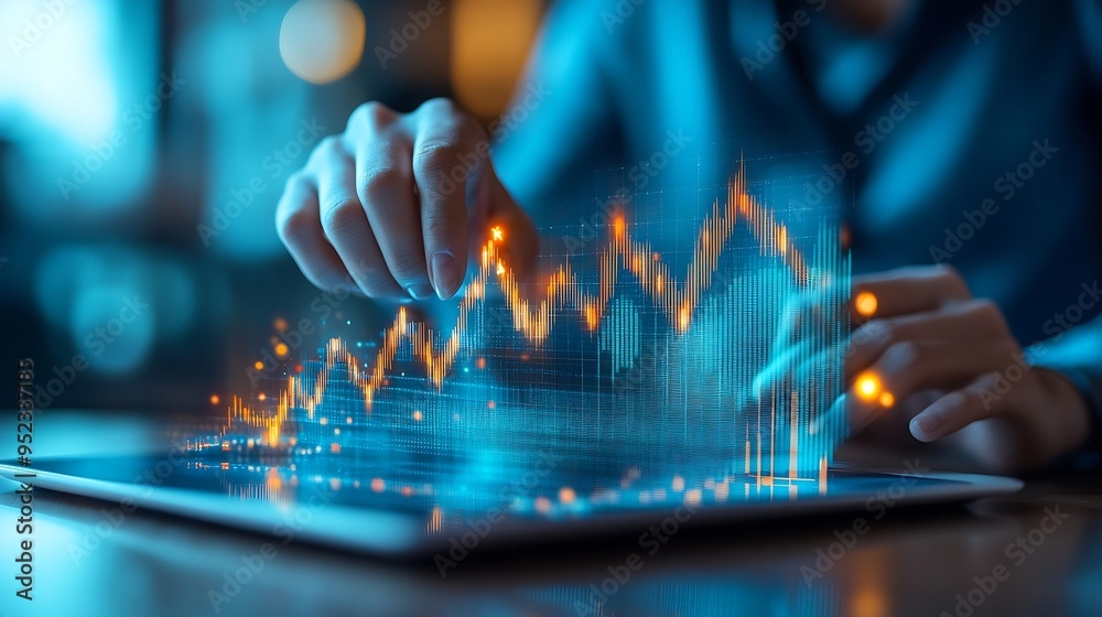 Poster business development concepts for success and growth businessman taps finger on tablet to display a 