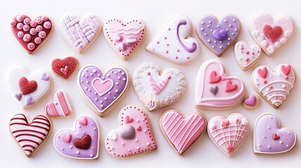 Fototapeta premium Valentine's Day cookies in the shape of hearts decorated with pink and white icing, on a light background, pastel colors, top view, flat lay.