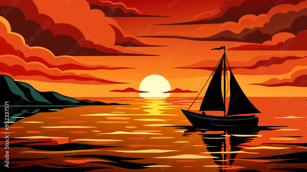 Wall mural draw a sailboat alone in a black sea during a sunset vector illustration