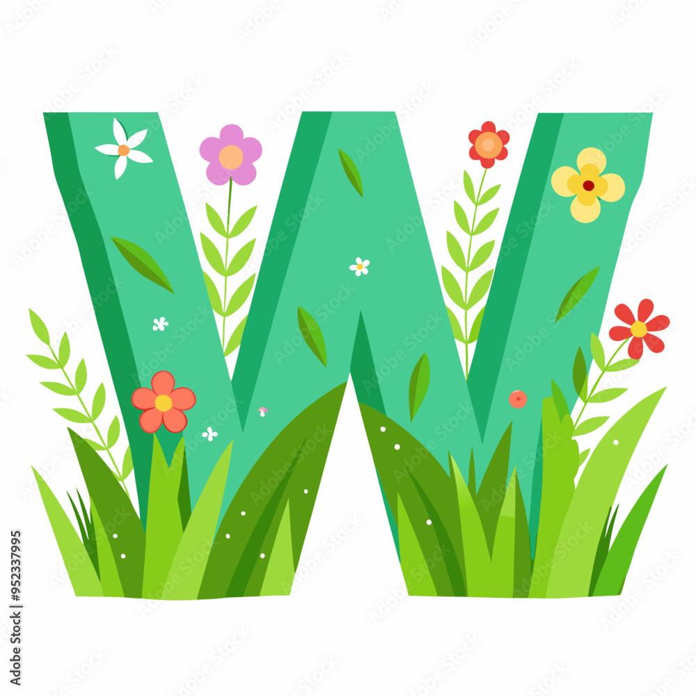 Wall mural letter w of green grass and flowers vector illustration