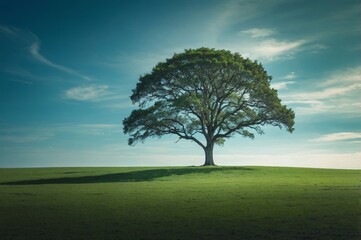 Fototapeta premium Solitary tree in green field under blue sky