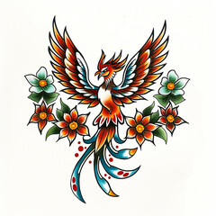 phoenix and flower very simple traditional tattoo flash styles illustration
