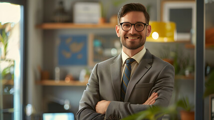Fototapeta premium Office worker or office manager against the backdrop of the workroom. AI Generated
