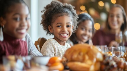 A young Black girl looks at the camera whilst smiling as she sits at a dinner table with her family