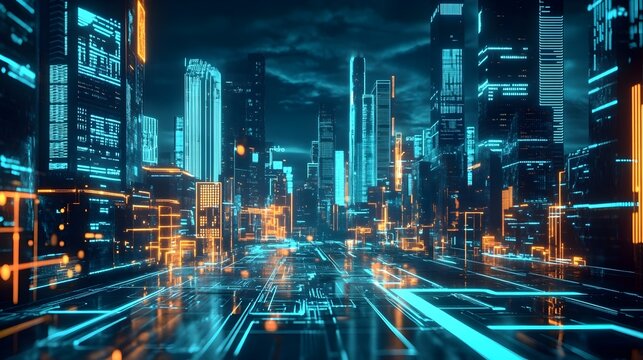 The Cutting Edge Futuristic FinTech Metropolis with Holographic Interfaces and Neon Lit Data Visualization Cityscape long title Futuristic financial