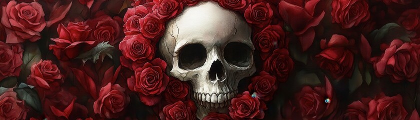 A decorative skull surrounded by vivid red roses, symbolizing beauty and mortality in a striking composition.