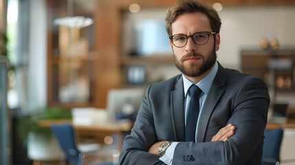 Fototapeta premium Office worker or office manager against the backdrop of the workroom. AI Generated