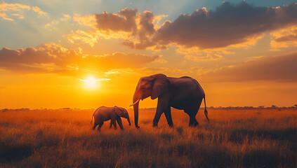 Naklejka premium Majestic elephants stroll across an open field at sunset, showcasing nature's beauty and the bond between mother and calf.