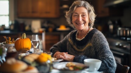 A joyful individual celebrates Thanksgiving surrounded by delicious dishes and warm atmosphere