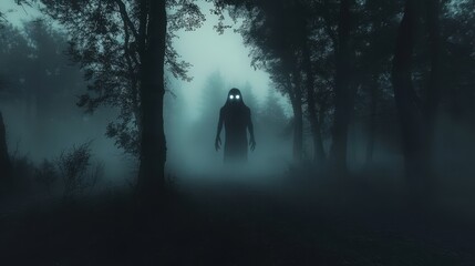 Eerie Encounter in Haunted Forest - Ghostly Figure, Glowing Eyes, and Shadows Among Trees in Paranormal Scene