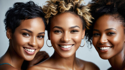 beauty and happy black women for natural wellness, skincare and togetherness, empowerment or unity