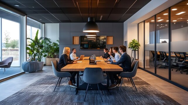 Fototapeta Thriving Fintech Startup s Sleek and Minimalist Office Setting with Young Professionals Brainstorming Innovative Solutions