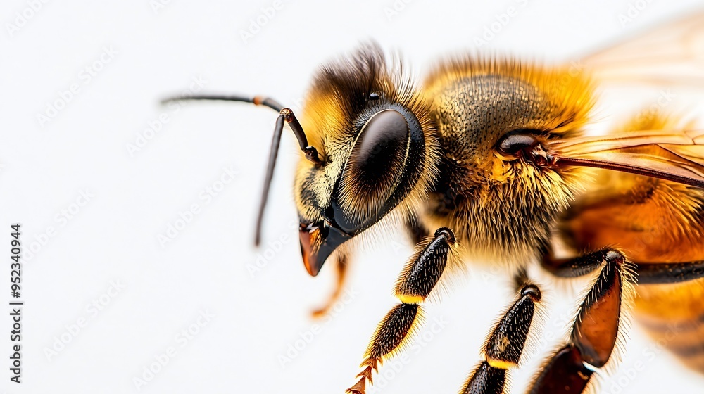 Poster detail of bee or honeybee in latin apis mellifera european or western honey bee isolated on the whit
