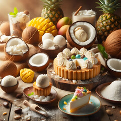 Delicious Coconut Desserts on Rustic Wooden Table – Macaroons, Pies, and Tropical Treats