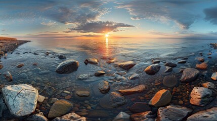 Breathtaking sunset over a rocky beach with vibrant reflections and tranquil waterscape