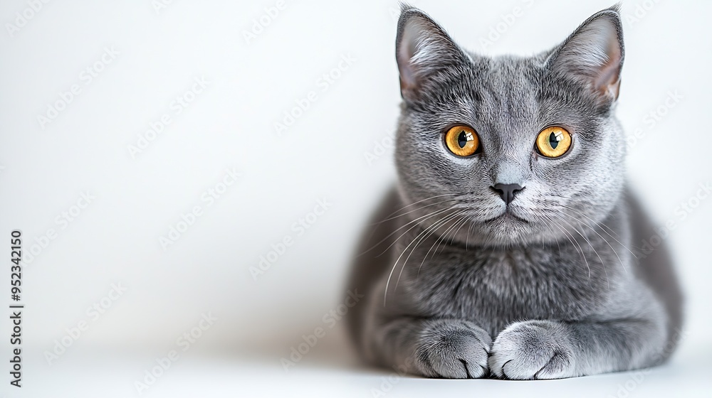Poster a grey cat with yellow eyes is sitting on a white background the cats eyes are wide open giving it a