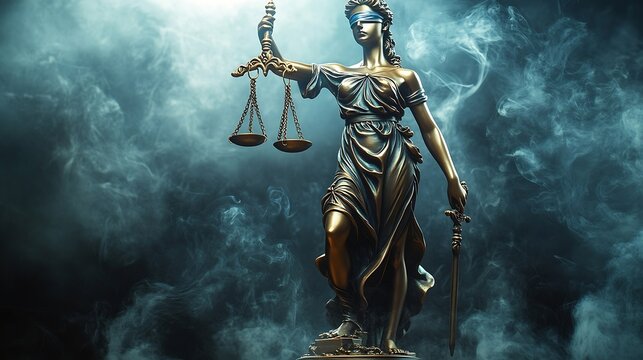 Themis statue Justice with scales on dark background with smoke Legal and law concept : Generative AI