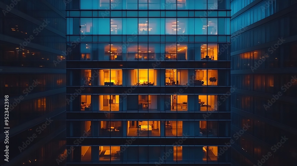 Aufkleber windows in highrise office building in the late evening with glowing and blinking interior lights ti