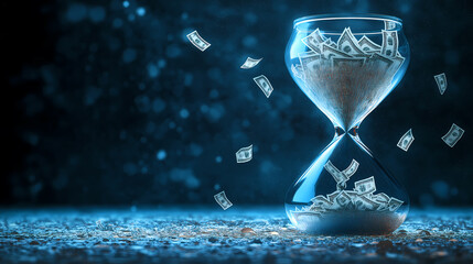 A glass hourglass filled with US dollar bills symbolizes the connection between time and money, set against a glowing blue background with scattered currency falling.