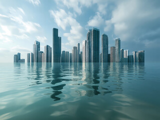 Fototapeta premium Skyscrapers Reflected in Calm Water Cityscape Urban Landscape Architecture Sea Ocean Buildings Reflection Blue Sky Clouds