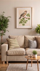 A cozy living room features a neutral-colored sofa adorned with various textured pillows, including round and rectangular ones