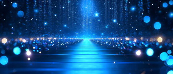 Obraz premium A futuristic blue runway, adorned with light streaks and stars, luxury scene design, perfect for award ceremonies and presentations, sparkling and dynamic