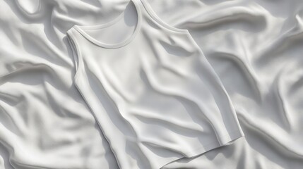 Obraz premium A plain white tank top resting on a wrinkled fabric background.