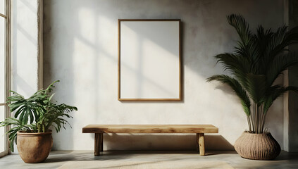 A minimalist interior featuring a blank frame, wooden bench, and lively plants, perfect for modern decor inspiration.