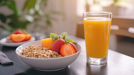 A healthy breakfast setting with a glass of orange juice, a bowl of granola, and fresh fruit slices.