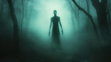 Fototapeta premium Eerie Ghostly Figure in Misty Forest: Haunting Presence Among Twisted Trees and Echoing Screams