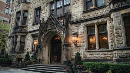 Fototapeta premium A historic building with intricate stonework and a grand entrance, blending old-world charm with urban surroundings.