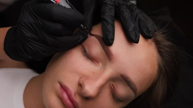 Relaxed young girl the master performs eyebrow tattooing holding the eyebrow with fingers. Light permanent eyebrow makeup, performing eyebrow tattooing