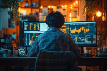 Fototapeta premium A person is focused on analyzing financial data on multiple screens in a dimly lit workspace, perfect for illustrating stock trading, financial analysis, and data management concepts,