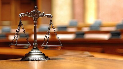 Scales of justice in a courtroom, with the focus on the balance, representing the pursuit of equality and fairness under the law.