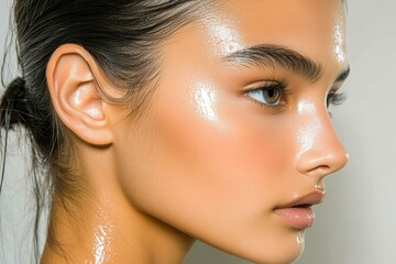 A close-up of a woman's profile with glowing, radiant skin, ideal for skincare, beauty, wellness, and cosmetic product advertisements or editorials,