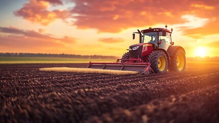 Fototapeta premium a tractor in a field plows the ground at dawn sowing grain sunset sunrise High quality photo : Generative AI