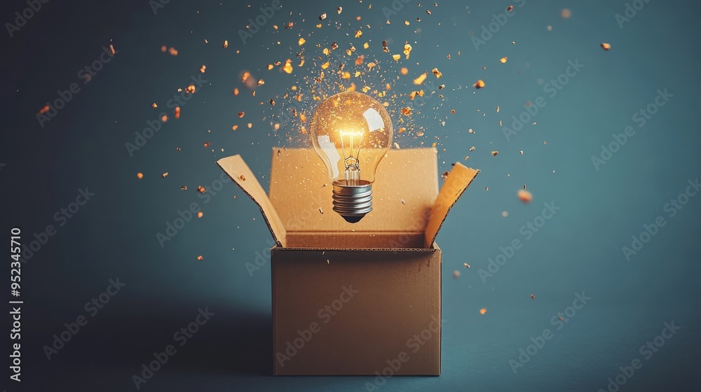 Sticker out-of-the-box thinking, box breaking open with ideas, minimal white background, flat design illustr