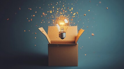 Out-of-the-box thinking, box breaking open with ideas, minimal white background, flat design illustration, copy space for stock photo with minimal concept, No logo, No Trademark, No text